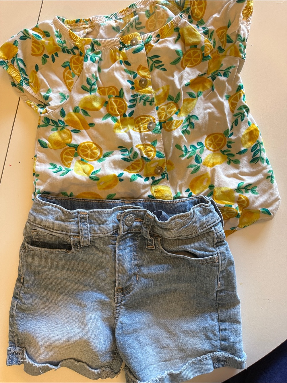 Girls Lemon Print Button Top with Light Denim Shorts